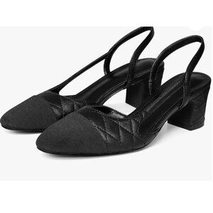 Black Slingback Chunky Heel Quilted Shoes For Women